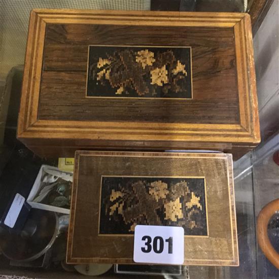 2 Tunbridge Ware cross and flower mosaic boxes